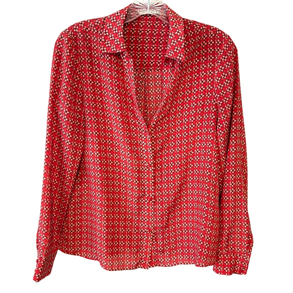 Alice + Olivia Red and Pink Silk Printed Button Front Blouse in Size S